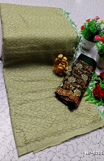 Soft Net Saree with Shimmering Weave and Designer Work Blouse - LIGHT GREEN