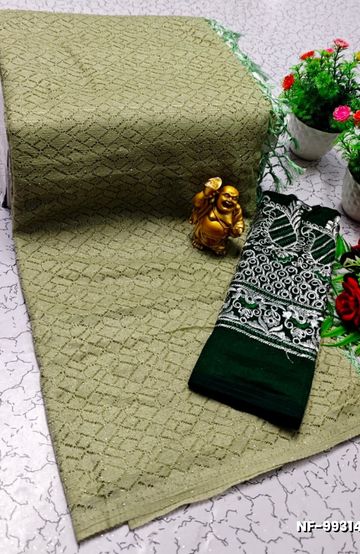 Soft Net Saree with Shimmering Weave and Designer Work Blouse - LIGHT GREEN (1)
