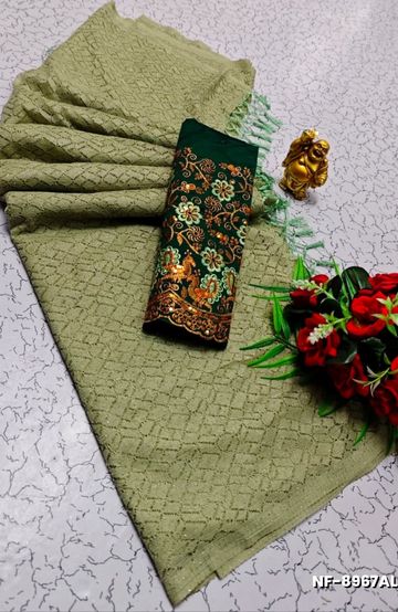 Soft Net Saree with Shimmering Weave and Designer Work Blouse - LIGHT GREEN SHADE (1)