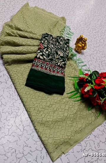 Luxurious heavy work blouse fabric with floral goldwork jaal border - PEACOCK GREEN