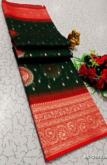 Banaras with our banarasi cotton fabric — a beautiful fusion of classic artistry and breathable comfort wear saree - DARK GREEN (1)
