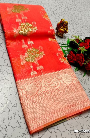 Banaras with our banarasi cotton fabric a beautiful fusion of classic artistry and breathable comfort wear saree - CORAL COLOUR