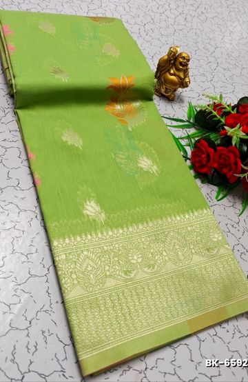 Banaras with our banarasi cotton fabric a beautiful fusion of classic artistry and breathable comfort wear saree - LIGHT GREEN