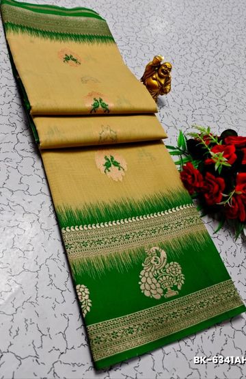 BRIDAL SILK GOLD SILVAR AND COPPER ZARI WEAVE AND WEDDING ART SILK SAREES - LIGHT PEACH (3)