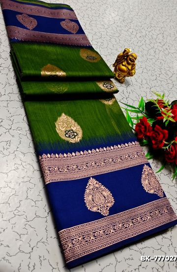 Luxurious heavy work blouse fabric with floral goldwork jaal border - PEACOCK GREEN