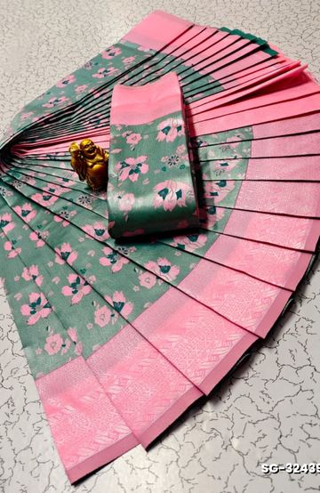 Kubera borderless elite bridal rapier fancy light weight silk type sarees function wear - LIGHT GREEN