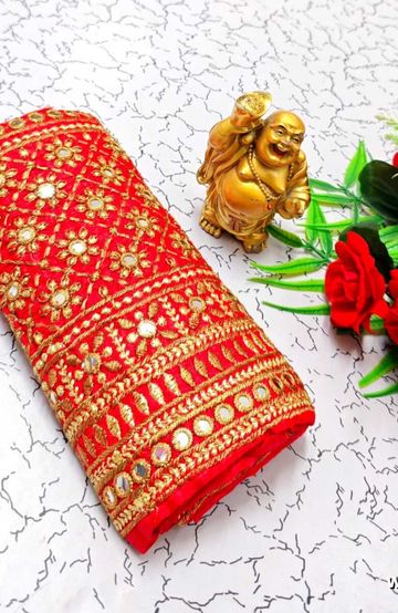 Luxurious heavy work blouse fabric with floral goldwork jaal border - RED