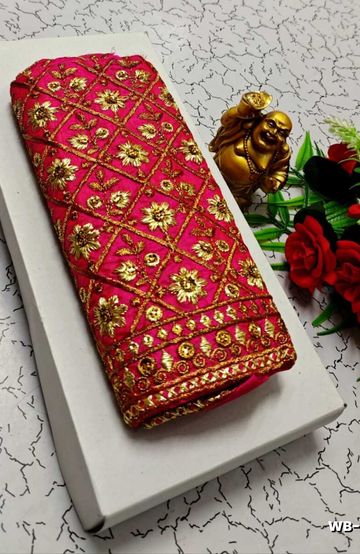Luxurious heavy work blouse fabric with floral goldwork jaal border - DARK PINK