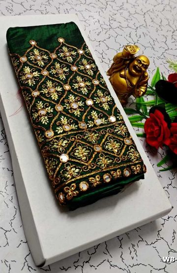 Luxurious heavy work blouse fabric with floral goldwork jaal border - BOTTLE GREEN