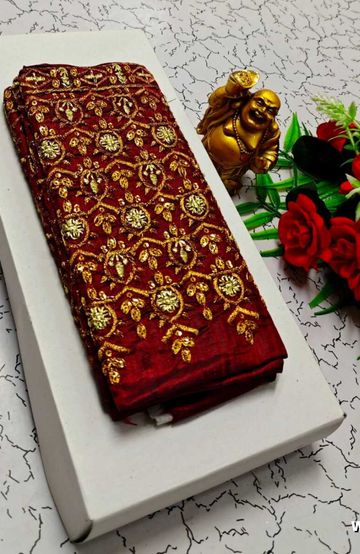 Luxurious heavy work blouse fabric with floral goldwork jaal border - MERUN