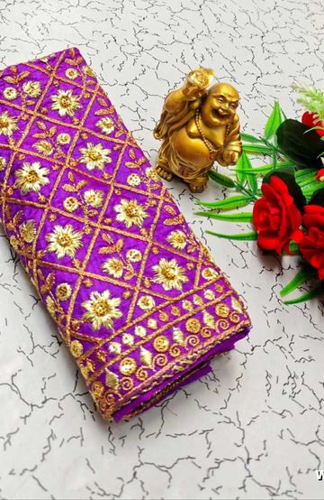 Luxurious heavy work blouse fabric with floral goldwork jaal border - BRINJAL COLOUR (1)