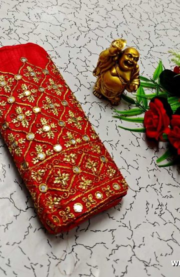 Luxurious heavy work blouse fabric with floral goldwork jaal border - RED (1)