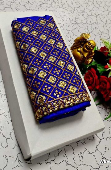 Luxurious heavy work blouse fabric with floral goldwork jaal border - ROYAL BLUE (1)