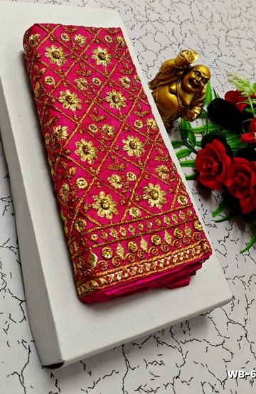 Luxurious heavy work blouse fabric with floral goldwork jaal border - DARK PINK (1)
