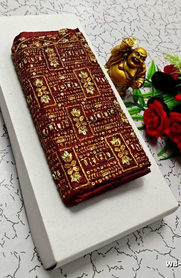 Luxurious heavy work blouse fabric with floral goldwork jaal border - MERUN (1)