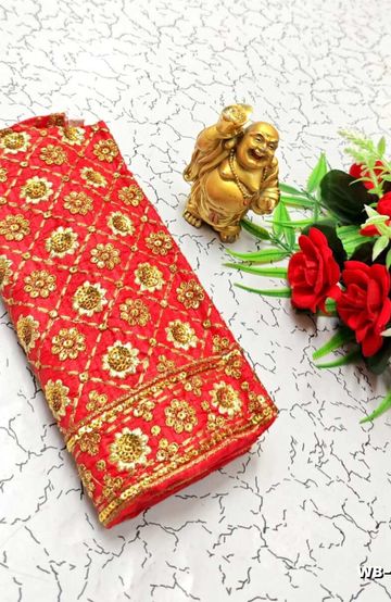 Luxurious heavy work blouse fabric with floral goldwork jaal border - RED (2)