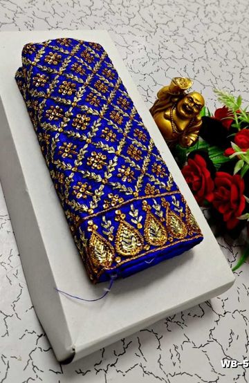 Luxurious heavy work blouse fabric with floral goldwork jaal border - ROYAL BLUE (2)