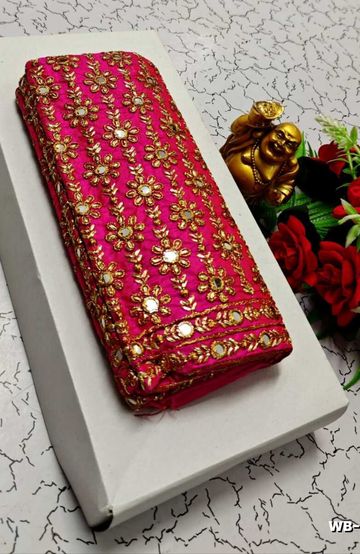 Luxurious heavy work blouse fabric with floral goldwork jaal border - DARK PINK (2)