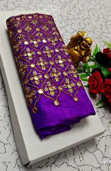 Luxurious heavy work blouse fabric with floral goldwork jaal border - BRINJAL COLOUR (2)