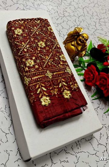 Luxurious heavy work blouse fabric with floral goldwork jaal border - MERUN (2)