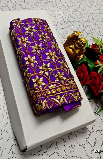Luxurious heavy work blouse fabric with floral goldwork jaal border - PURPLE COLOUR