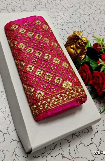 Luxurious heavy work blouse fabric with floral goldwork jaal border - DARK PINK (3)