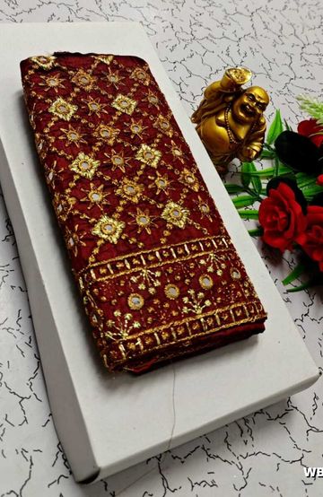 Luxurious heavy work blouse fabric with floral goldwork jaal border - MERUN (3)