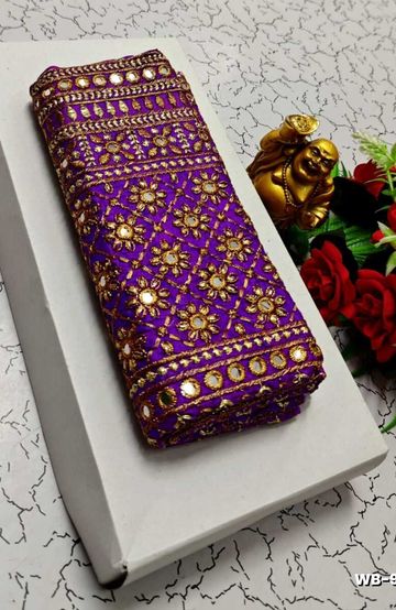 Luxurious heavy work blouse fabric with floral goldwork jaal border - PURPLE COLOUR (1)