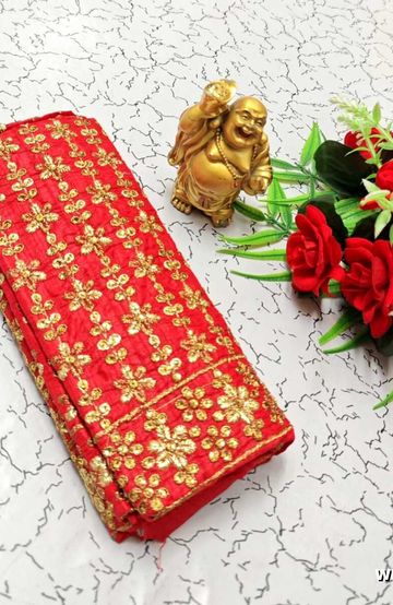 Luxurious heavy work blouse fabric with floral goldwork jaal border - RED (3)