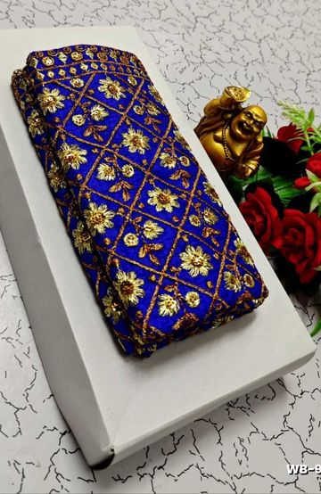 Luxurious heavy work blouse fabric with floral goldwork jaal border - ROYAL BLUE (4)