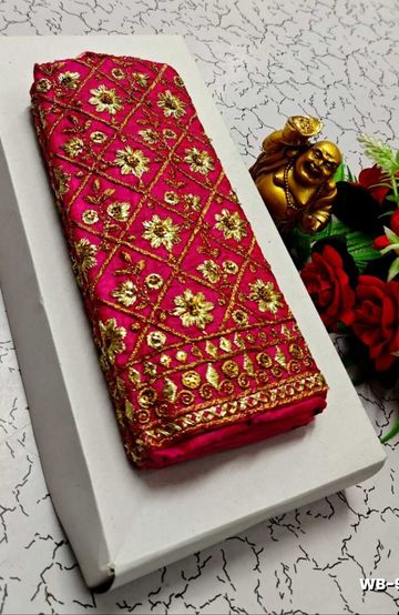 Luxurious heavy work blouse fabric with floral goldwork jaal border - DARK PINK (4)