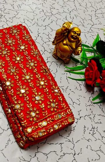 Luxurious heavy work blouse fabric with floral goldwork jaal border - RED (4)