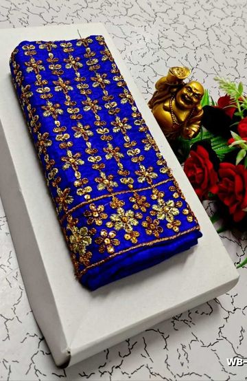 Luxurious heavy work blouse fabric with floral goldwork jaal border - ROYAL BLUE (5)