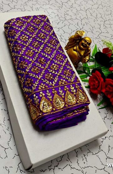 Luxurious heavy work blouse fabric with floral goldwork jaal border - PURPLE COLOUR (2)