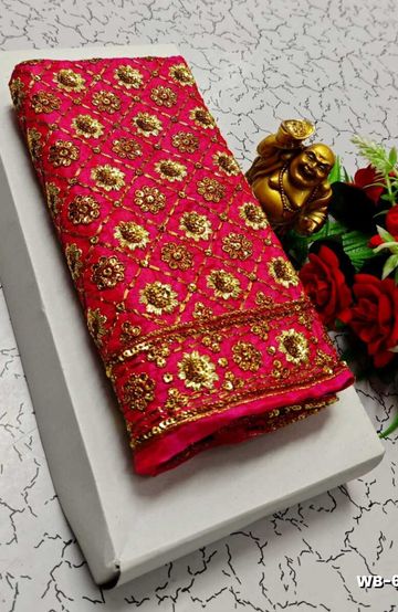 Luxurious heavy work blouse fabric with floral goldwork jaal border - DARK PINK (5)