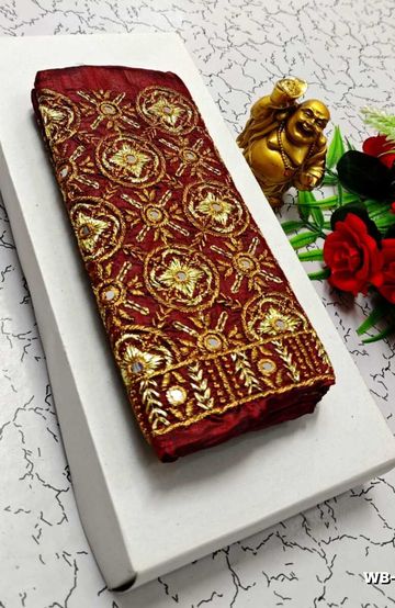 Luxurious heavy work blouse fabric with floral goldwork jaal border - MERUN (5)