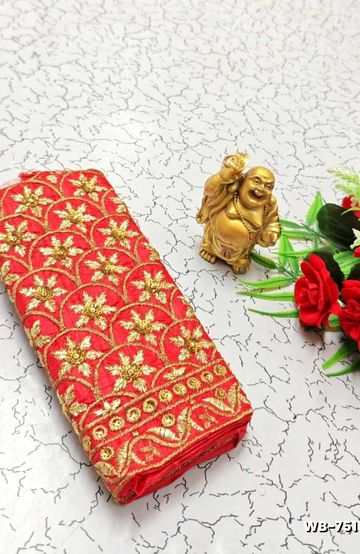 Luxurious heavy work blouse fabric with floral goldwork jaal border - RED (5)