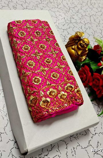 Luxurious heavy work blouse fabric with floral goldwork jaal border - DARK PINK (6)