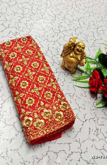 Luxurious heavy work blouse fabric with floral goldwork jaal border - PEACH