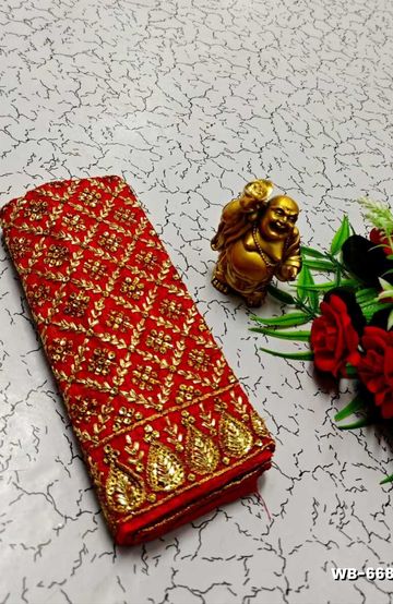 Luxurious heavy work blouse fabric with floral goldwork jaal border - RED (6)