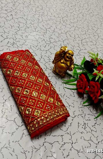 Luxurious heavy work blouse fabric with floral goldwork jaal border - RED (7)