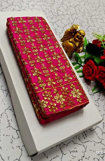 Luxurious heavy work blouse fabric with floral goldwork jaal border - DARK PINK (8)