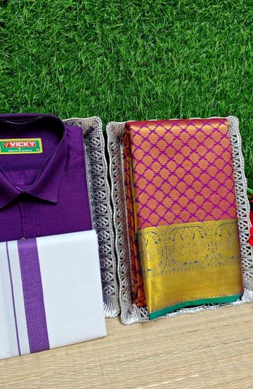 Elegant Silk Dhoti Shirt & Saree Couple Combo coordinated look for special occasions - REXONA (2)