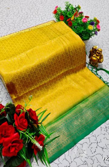 Kubera borderless elite bridal rapier fancy light weight silk type sarees function wear - YELLOW COLOR