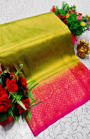 BRIDAL SILK GOLD SILVAR AND COPPER ZARI WEAVE AND WEDDING ART SILK SAREES - FLORAISON GREEN (5)