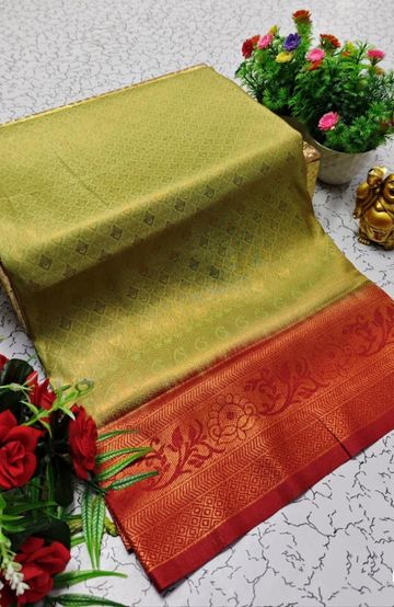 BRIDAL SILK GOLD SILVAR AND COPPER ZARI WEAVE AND WEDDING ART SILK SAREES - LITE GREEN (1)