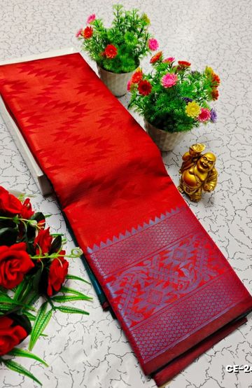 Premium monika cotton silk saree rapier fancy light weight silk type sarees flower design function wear - RED