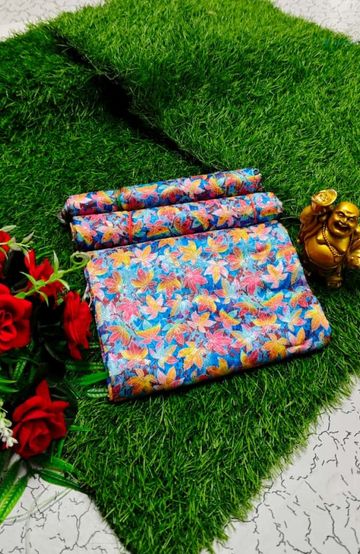 Designer Multi-Color Floral Print Blouse Fabric - BLUE COLOUR (1)