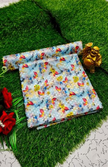 Designer Multi-Color Floral Print Blouse Fabric - ICE BLUE