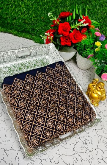 Luxurious heavy work blouse fabric with floral goldwork jaal border - R BLUE (1)